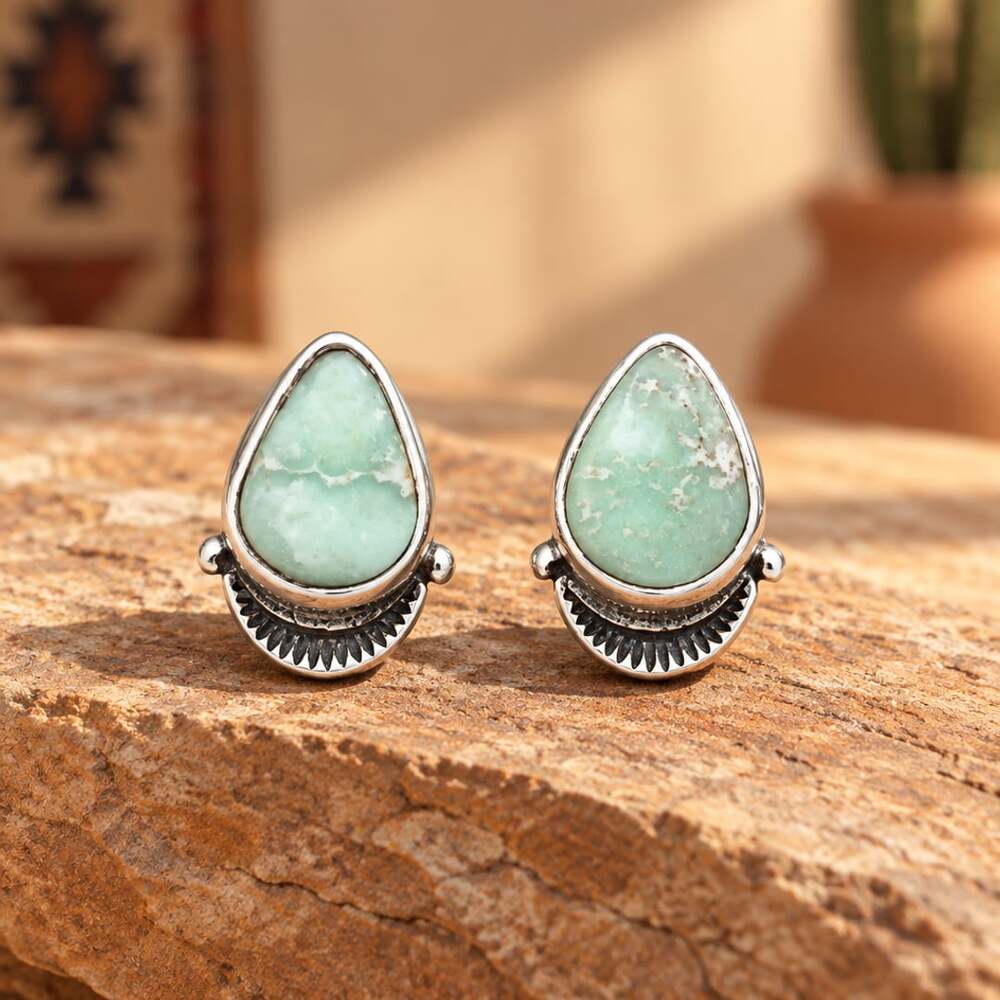 Sterling Silver Green Palomino Turquoise Teardrop Stud Earrings